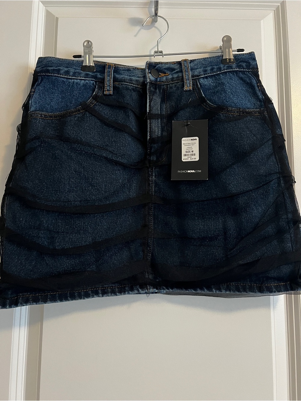 NWT Fashion Nova Dark Blue Denim Mini Skirt with Black Sheer Overlay